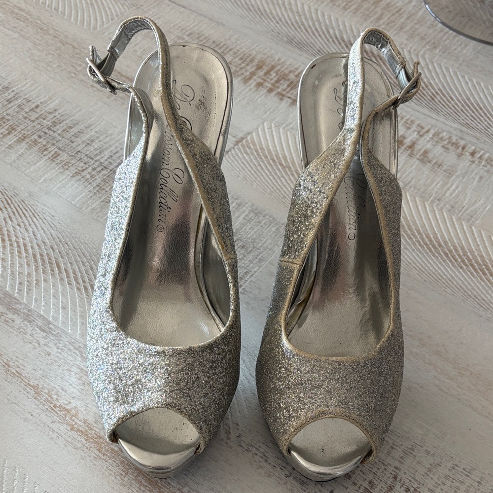 De Blossom Collection Silver Glitter Slingback Heels